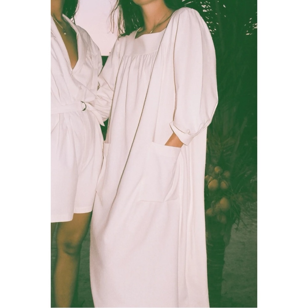 Na Nin Eunice Raw Silk MuuMuu - Cream White Puff Sleeve Relaxed Fit Midi Dress - Picture 9 of 10